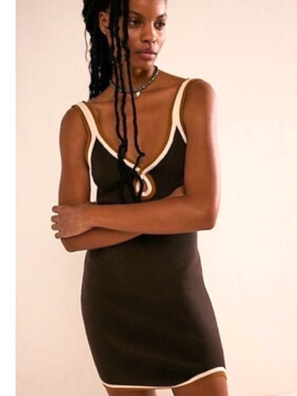 FP Beach Brown Knit Tank Mini Dress with Cream Trim